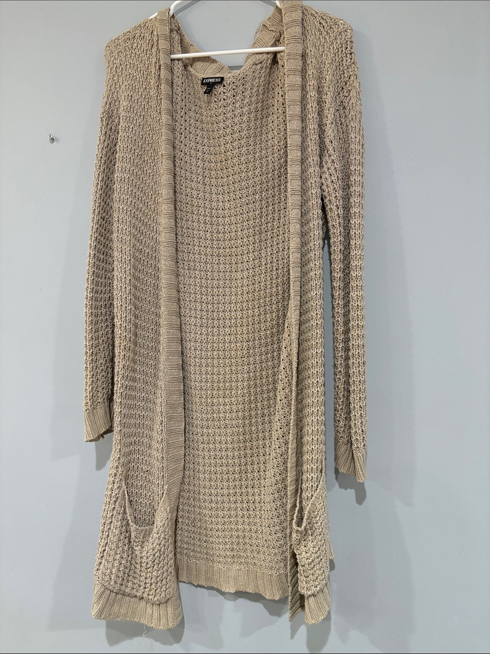 Express Beige Open-Front Knit Cardigan with Pockets